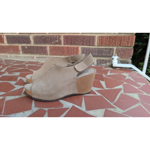 Bio Gold Shoes - Bio-Gold Suede Wedge Peep Toe Slingback Sandals-Taupe-Sz 7.5 Made in Italy